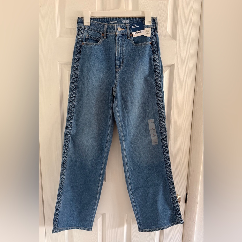 Old Navy High-Waisted Sky-Hi Wide-Leg Jeans Braided Seam Detail Women’s